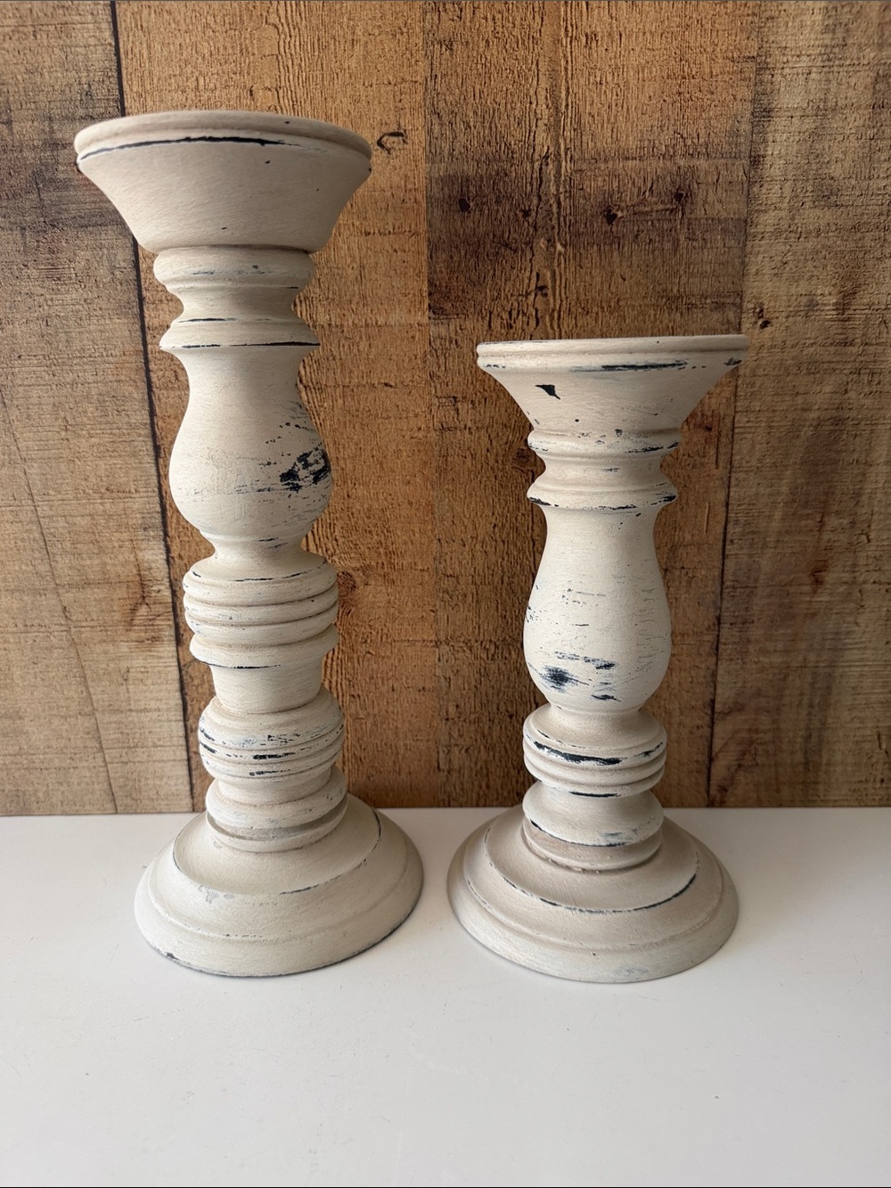 Farmhouse Distressed Cream Wood Candle Holders - Set of 2